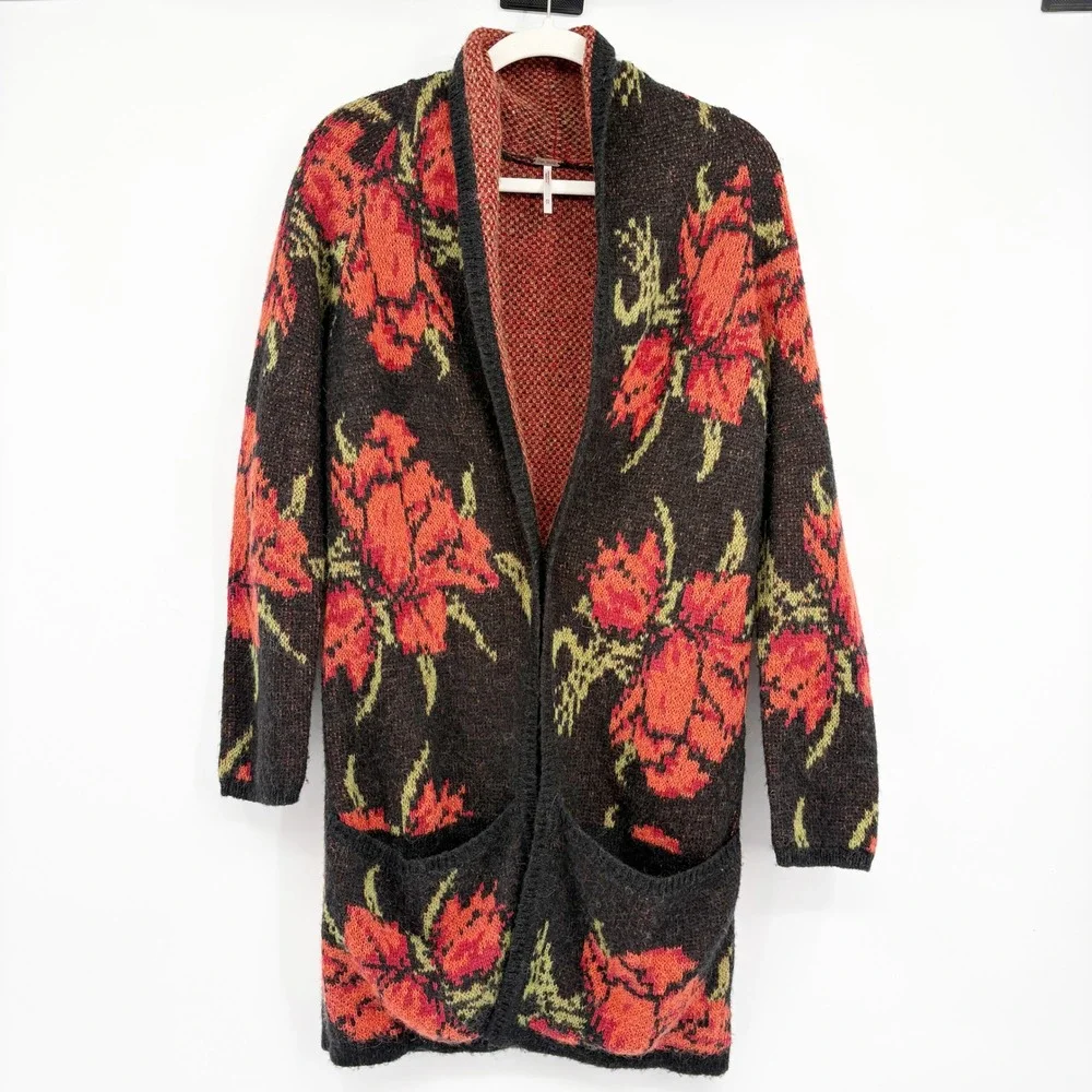 Free People Womens Floral Rose Boho Grunge Longline Flower‎ Power Cardigan XS